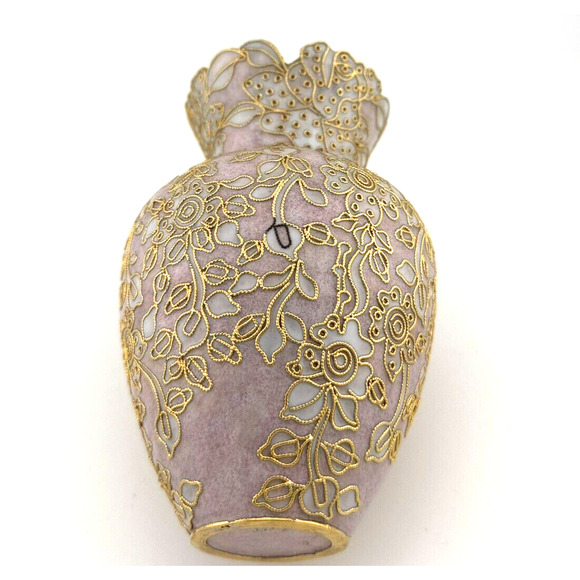 LOVELY - VTG Cloisonne Enamel Pink & Gold Flowers Vase 5 1/4in tall Twisted Wire - Picture 7 of 10